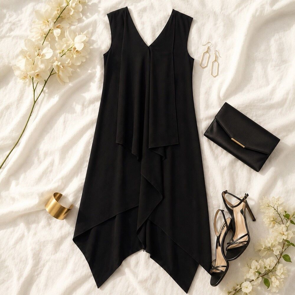 BCBG Black High Low Ruffle Front Maxi Cocktail Dress M